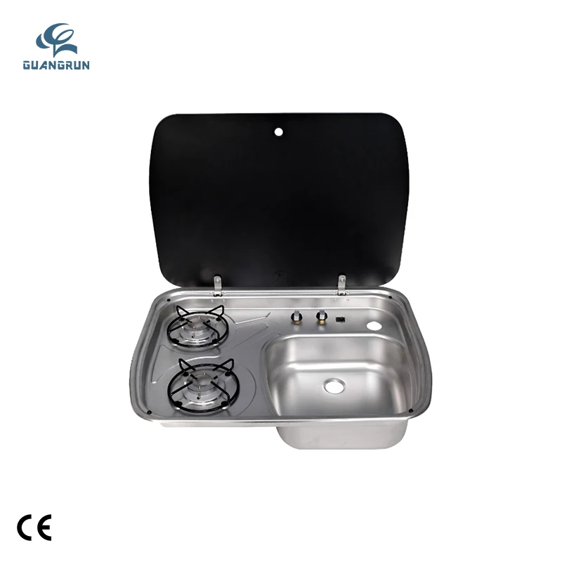 SUS 304 Stainless Steel Built-in Lightweight Silver Portable 2 Burner Gas Stove Combi Sink for Small Space Design