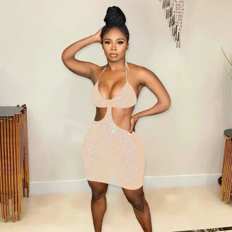 GUWU Spparkle negro Rhinestone ceñido al cuerpo Mini vestidos de mujer Glam cuello Halter recortado lentejuelas vestido corto de fiesta trajes de club nocturno