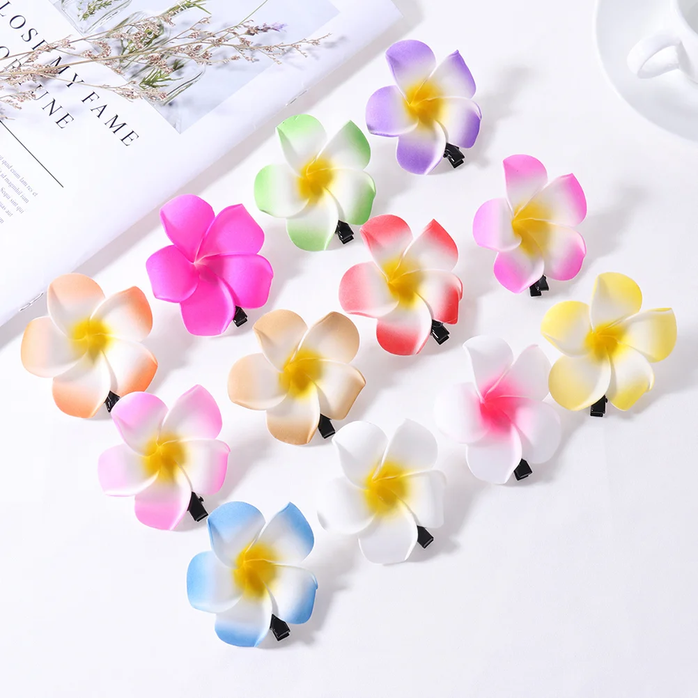 12pçs cocar de plumeria simulado, acessórios de cabelo de flores, clipe de meninas, verão luau as flores 6cm