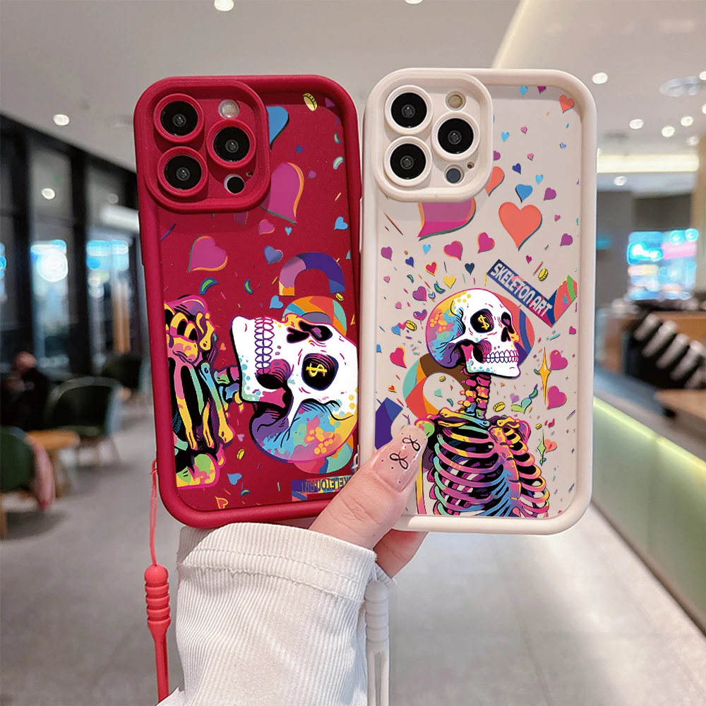 Colorful Heart Shape Skeleton Phone Case for IPhone 15 14 13 12 11 Pro Max XR XS X 7 8 Plus Soft TPU Back Cover With Hand Strap