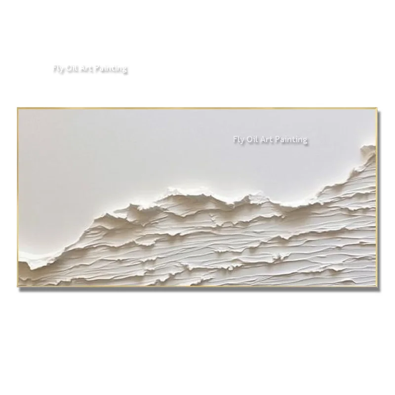 Hand Painted Pure White Seaside View Abstract Knife Thick Canvas Oil Painting New Design Home Wall Decor Beige White Seascape
