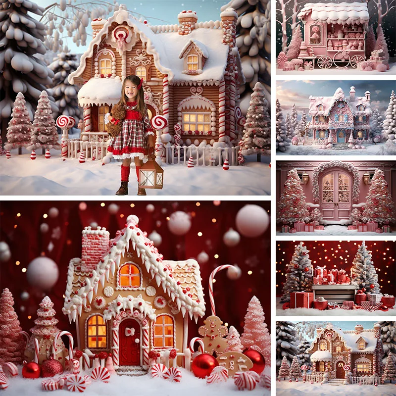 Photography Backdrops Christmas Candy House Xmas Tree Winter Snow Forest Backgrounds Girls Kids Portrait Photos Studio Props