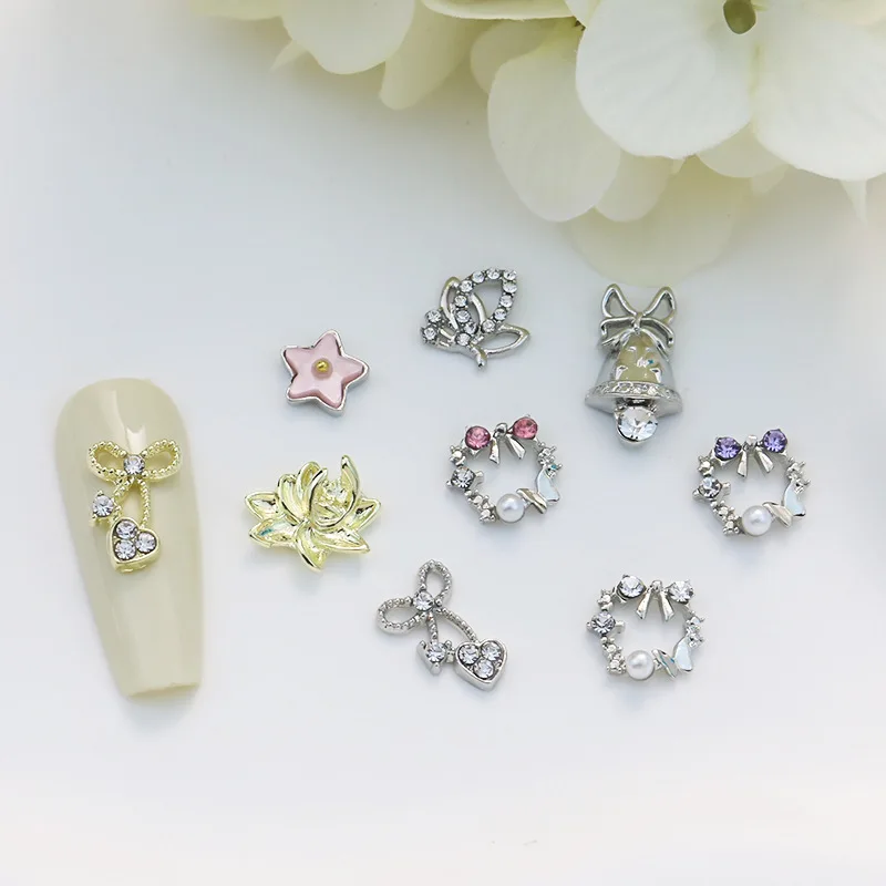 10PCS 3D Luxury Alloy Bow Garland Nail Art Charms Parts Bell Floral Hoop Accessories For Christmas Nails Decoration Supplies