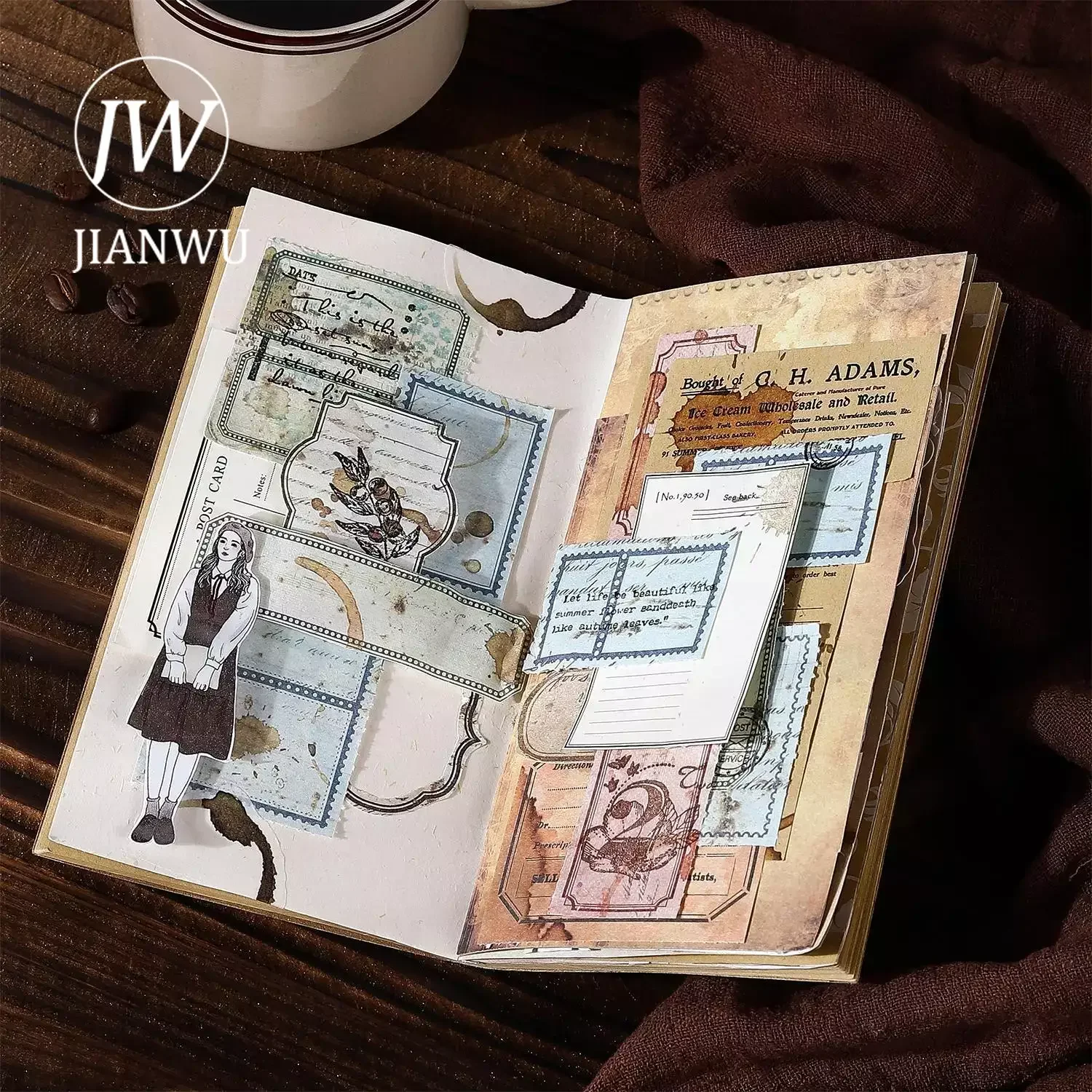 JIANWU 30 Sheets Coffee Diary Series Vintage Border Tearable Decor Memo Pad Creative DIY Junk Journal Collage Stationery