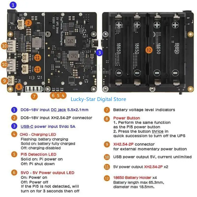 

N7MC X1202 UPS BOARD Плата управления энергетикой Высокая эффективность для батарей RPI 5 18650 с двойным USB -портом
