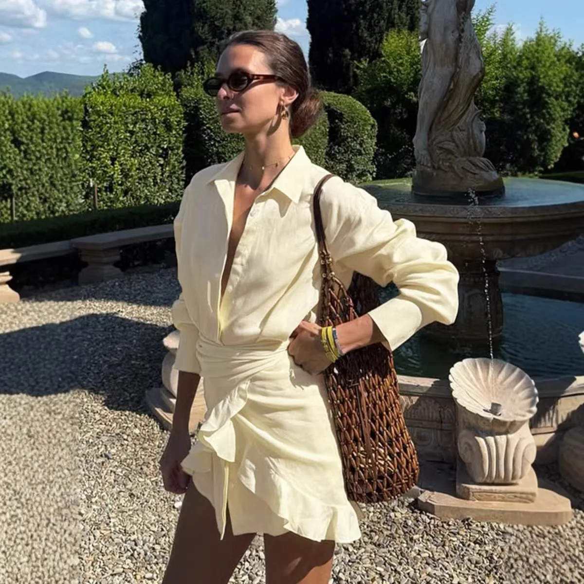 

Dresses For Women Fashion Solid Color Lazy Style Leace-up Long Sleeve Mini Shirt Dress Summer New Beach Vacation Vestidos 2026