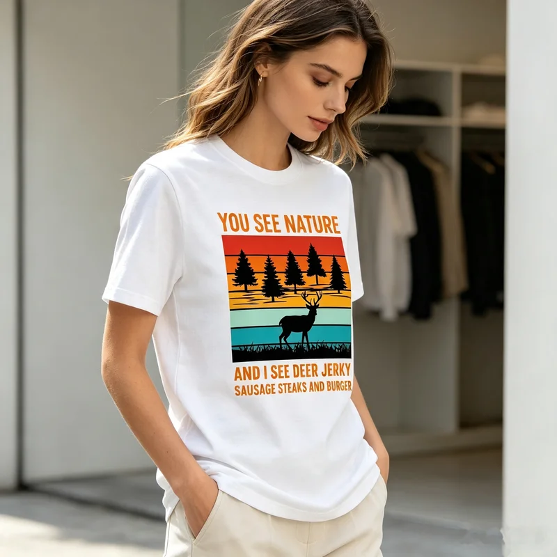 Deer Hunting Funny You See Nature I See Deer Jerky Sausage Steaks Vintage Sunset Print Casual Cotton Short Sleeve T Shirt Unisex