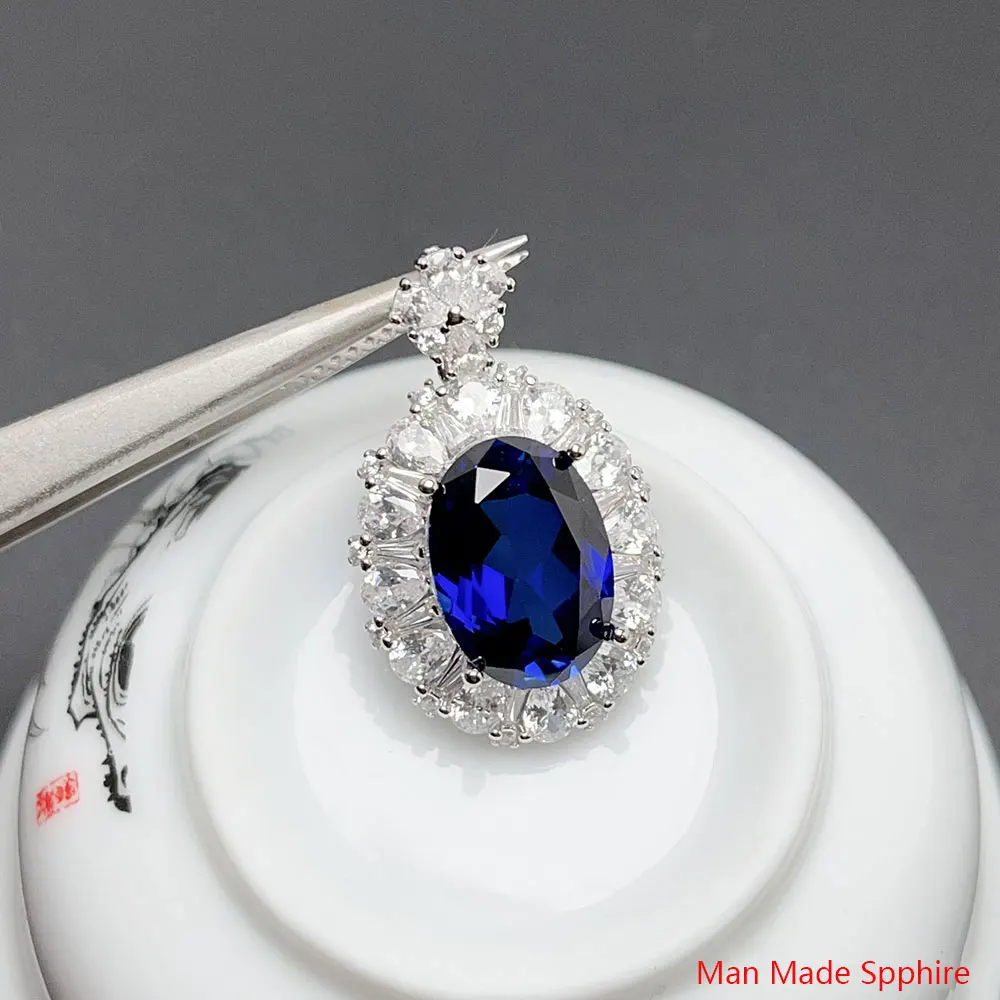 Royal Blue Gemstone 925 Silver Pendant for Wedding 10*14mm Lab Created Crystal Man Made Sapphire Jewelry