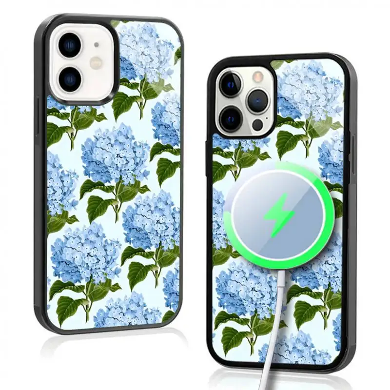 Blue Hydrangea Print Floral Print Case For iphone 11 12 13 14 15 Plus Pro Max Mirror Acrylic For Magsafe Wireless Charging