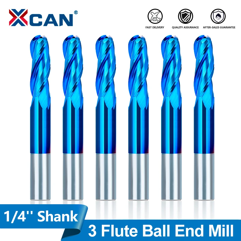 

XCAN 1 шт. 3-зубая сферическая концевая фреза 1/4 дюйма, твердосплавная квадратная фреза с хвостовиком, фреза с ЧПУ для режущих инструментов по дереву с синим покрытием