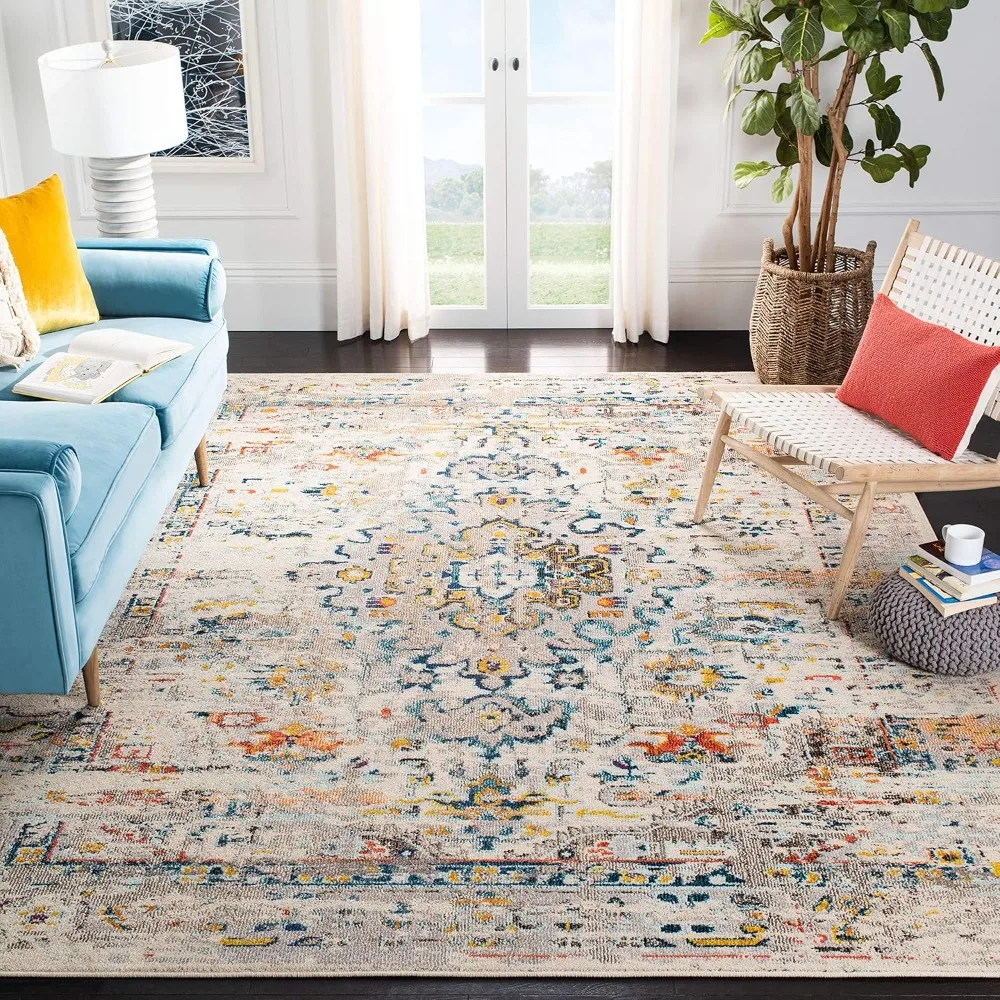 

Madison Area Rug - 10' X 14', Cream & Blue, Boho Distressed Medallion Design, Non-shedding & Easy Care,