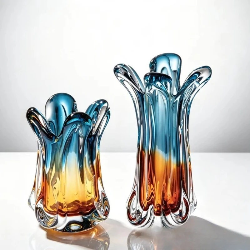 Modern Light Luxury Gradient Colored Glass Vase Home Living Room Entrance Decor Hydroponic Thick Glass Flower Vase Ornament