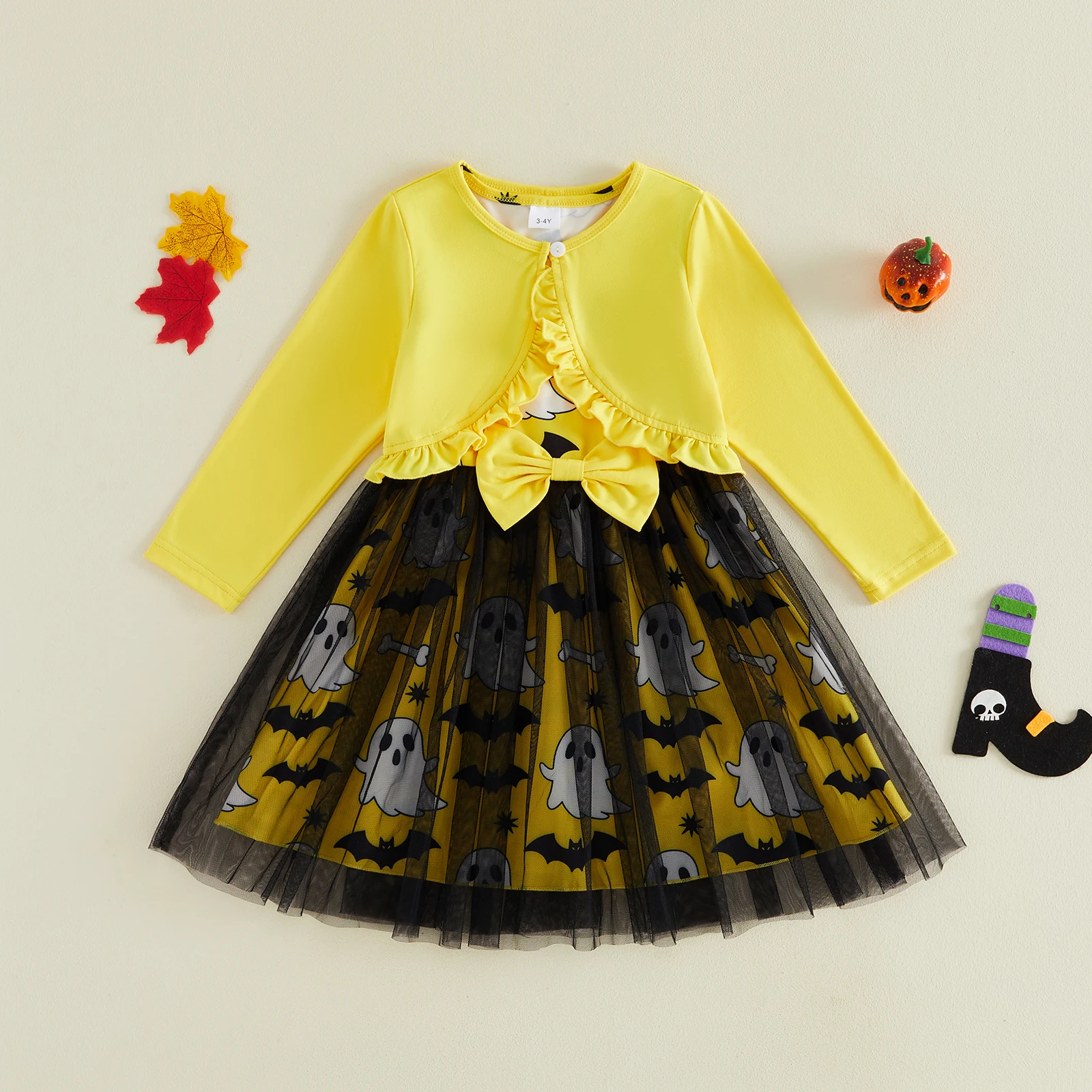 1-5Y Girl’s Halloween Costume Ghost Print Patchwork Tank Mesh Dress with Long Sleeve Jacket Halloween Party Clothes