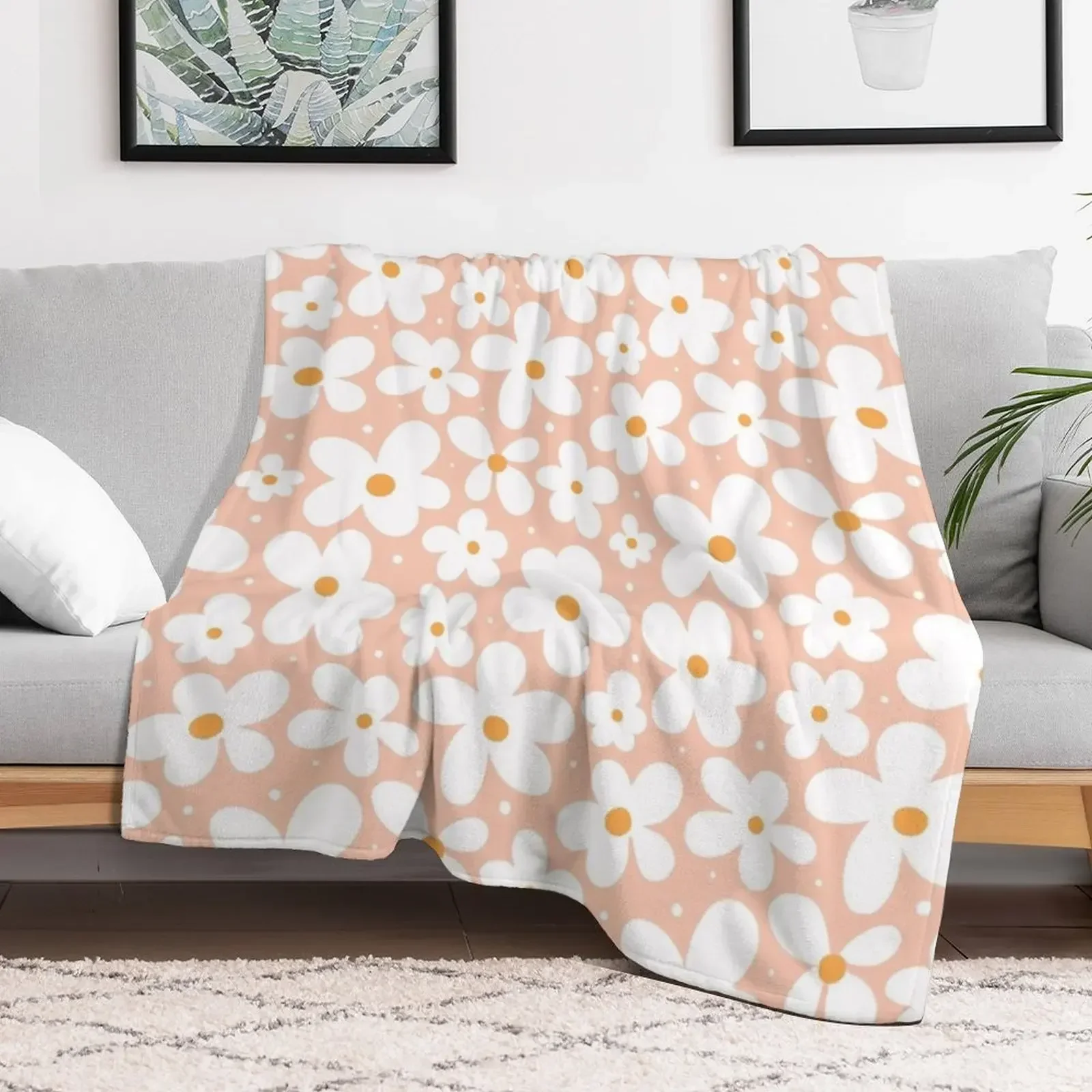 Groovy Daisies Floral Retro Daisy Pattern Blush Pink Throw Blanket Nap Comforter Blankets