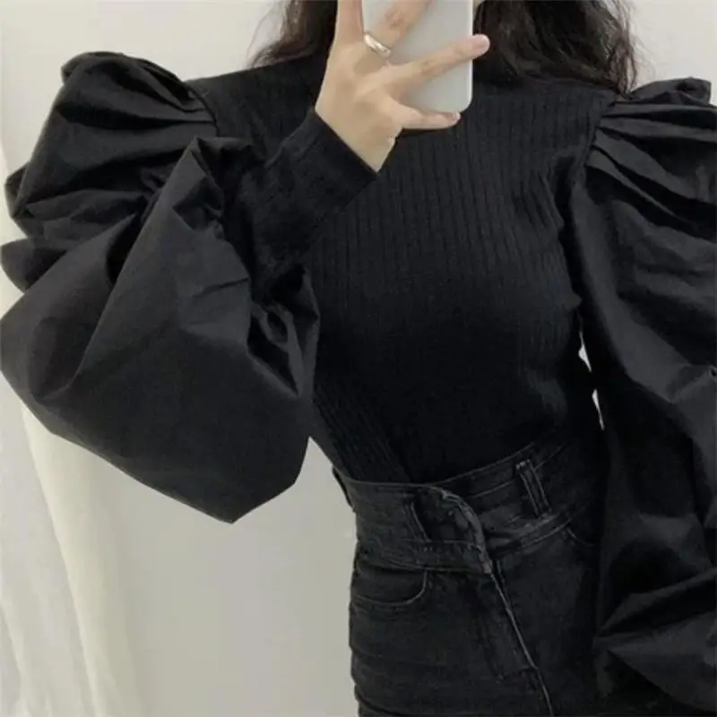 Slim Fit Bubble Sleeve round Neck Shirt Women's Top Early Autumn Court Style Ribbed Splice Design Sense Tightening Bubble Sle...