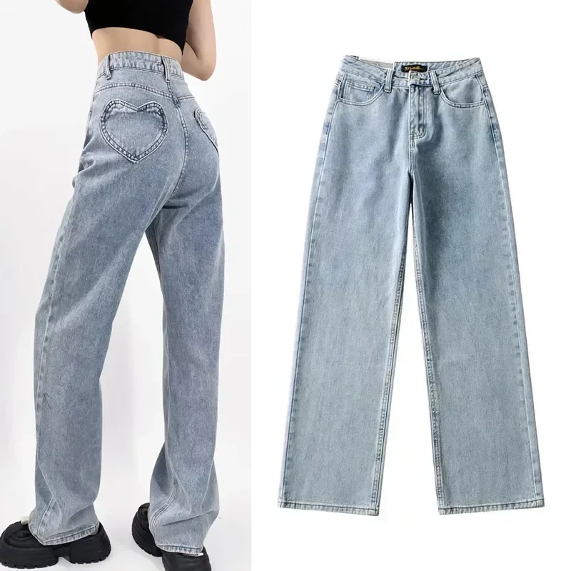 

Women Jeans Wide Leg Pants High Waist Washed Vintage Heart Pockets Straight Trousers 2024 Autumn Female Streetwear Denims
