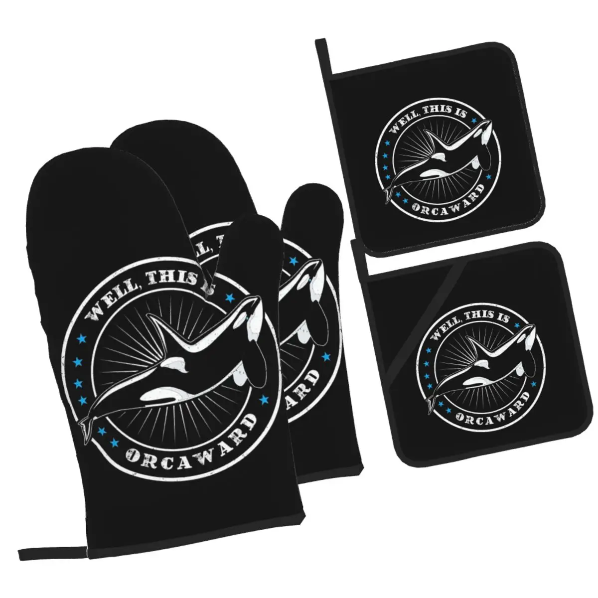 

Well This Is Orcaward Orca Whale Sea Predatory Рукавицы для духовки и держатели для кастрюль Наборы из 4 перчаток для выпечки, кухни, приготовления пищи, барбекю