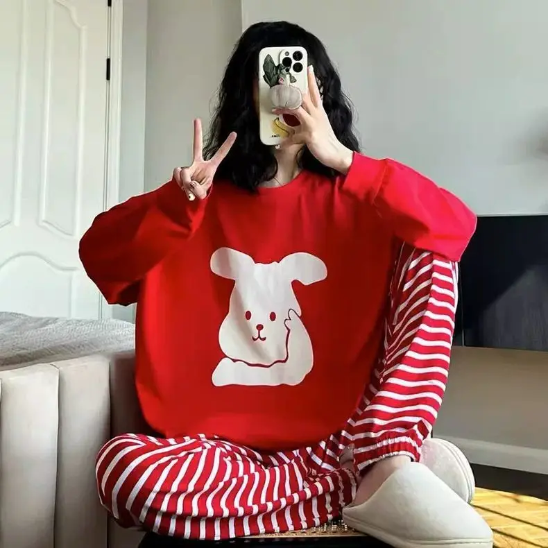 Large Size 300 Pounds Cartoon Print Home Clothes Set Men's Women's Long Sleeve T-Shirt Striped Long Pants Two-Piece Spring Au...
