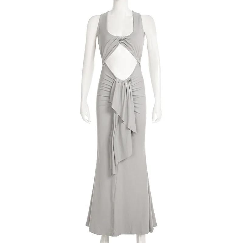 Solide torsion évider ruban sirène Maxi robe de soirée femmes mode Sexy col en U sans manches froncé moulante Clubwear longue robe