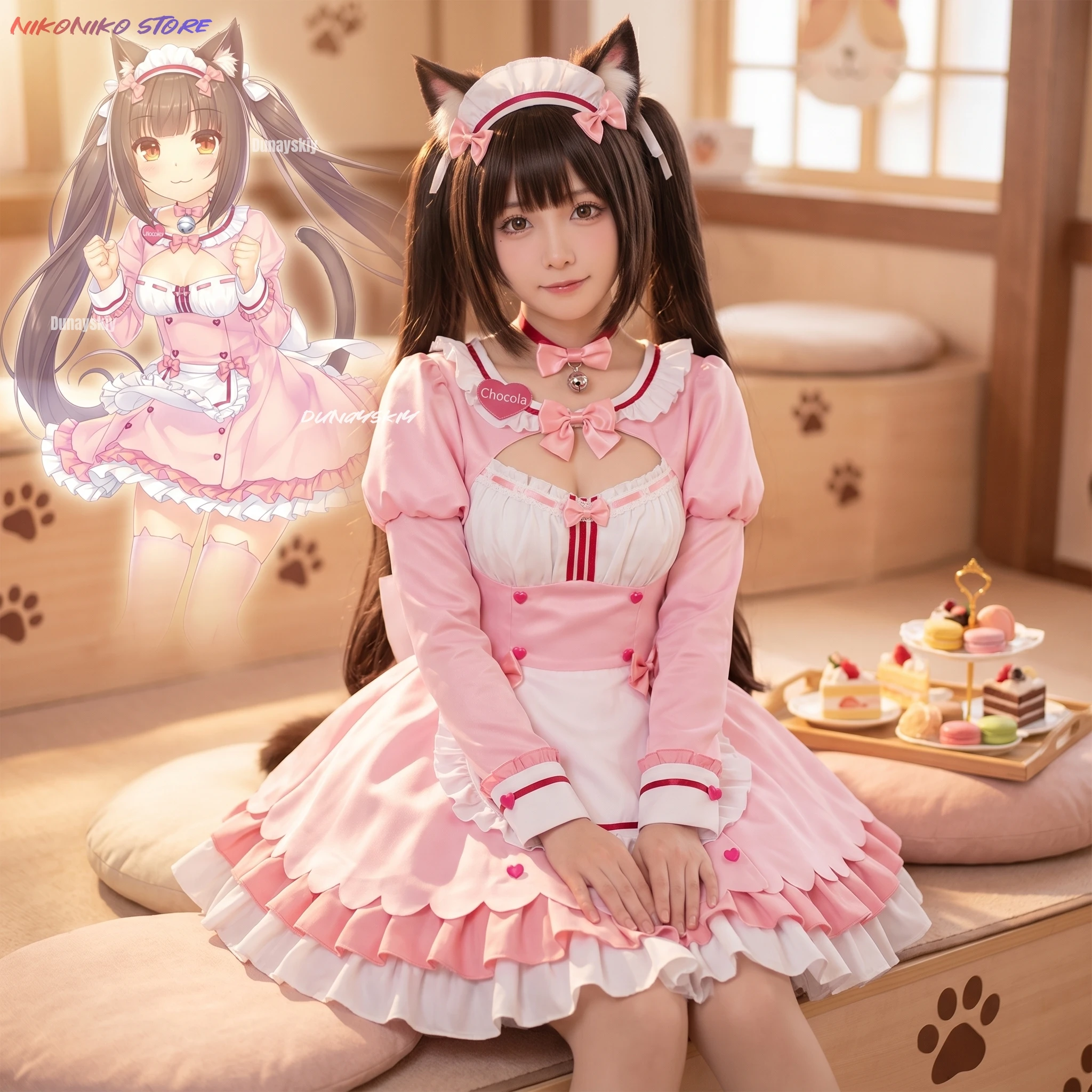 Game Cosplay Chocola Nekopara Kostüm Vanilla Anzüge Katzenmädchen Dienstmädchen-Kostüm Lolita Liebenswerte Rosa-Blaue Outfits Halloween-Kostüme