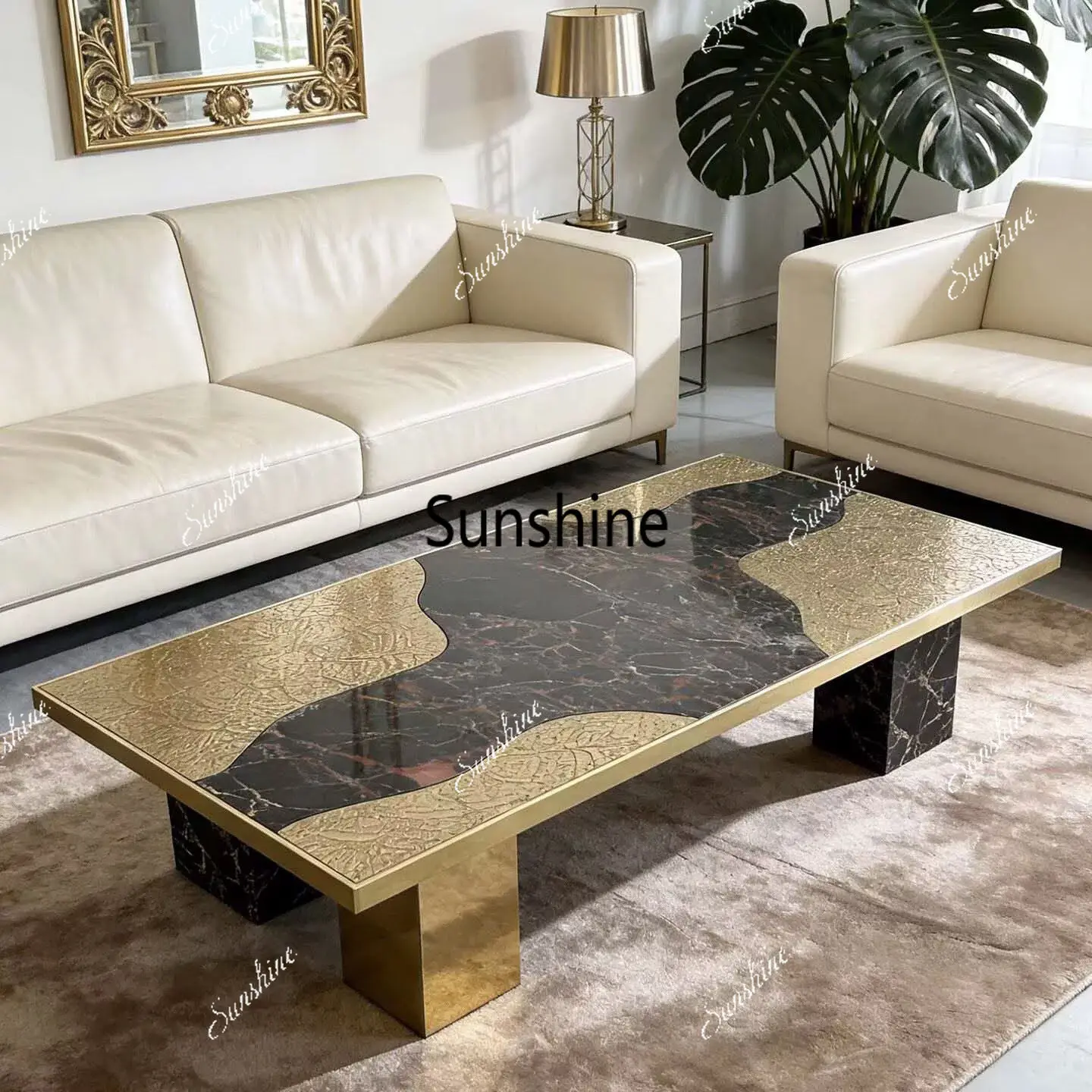 Italian light luxury natural marble coffee table creative stainless steel high-end coffee table