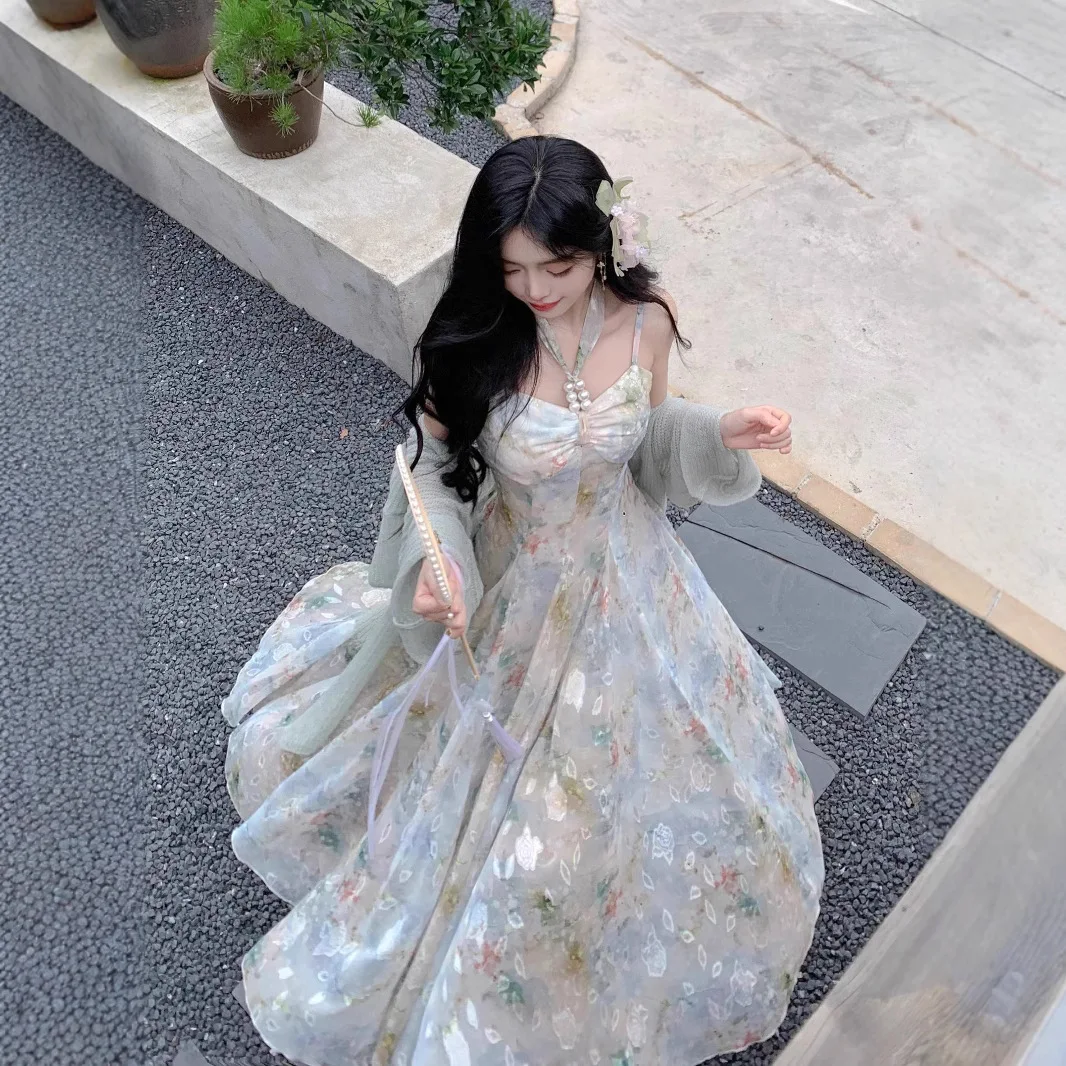 

Summer High-end Oil Painting Printed Temperament Hanging Neck Dress Fairy Beach Vacation Style Suspender Long Skirt