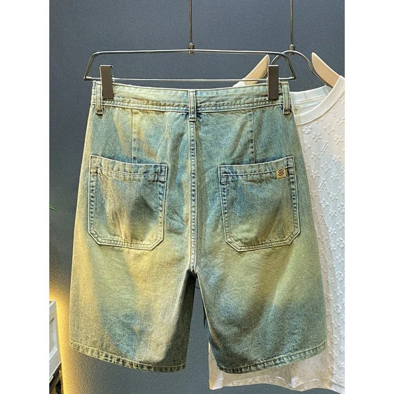Summer Retro Washed And Perforated Breathable Denim Shorts Men Straight Fit Loose Fitting Casual Split Cotton Ripped Jeans