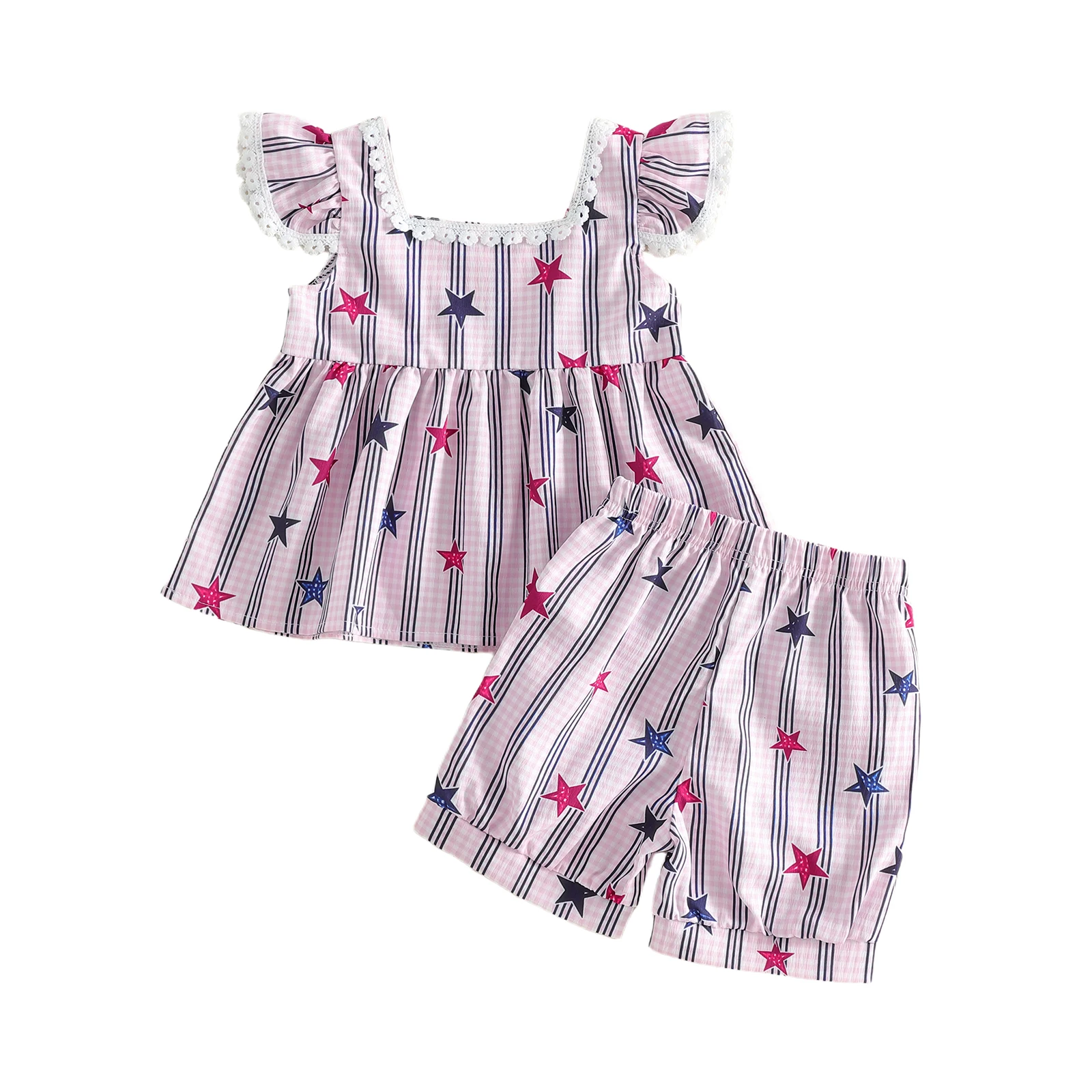 Toddler Girl 4th of July Outfit Stripe Star Print Fly Sleeve Square Neck Tops Elastic Waist Shorts 2Pcs Clothes Set