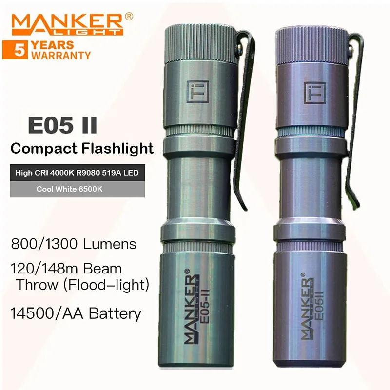 

Manker E05 II Compact EDC Flashlight,High Density White LED Emitter 1300 Lumens，14500/AA Battery，Ti-Colorful Micro-Arc Oxidation