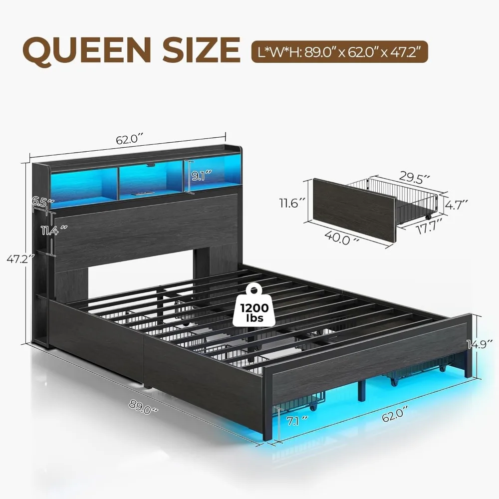 Estrutura de cama queen com cabeceira de armazenamento, estação de carregamento de plataforma de metal, LED 4 gavetas, armazenamento de estante, sem necessidade de molas