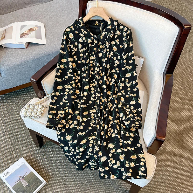 Plus size women's spring casual floral dress Black polyester party dress Single breasted cardigan skirt Home commute