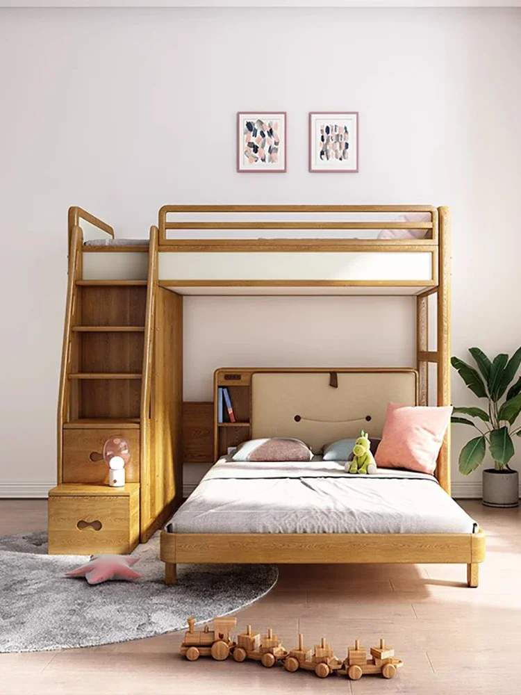 Multifunctional combination bed solid wood with wardrobe high and low mother and son bed upper and lower bed adult ash wood