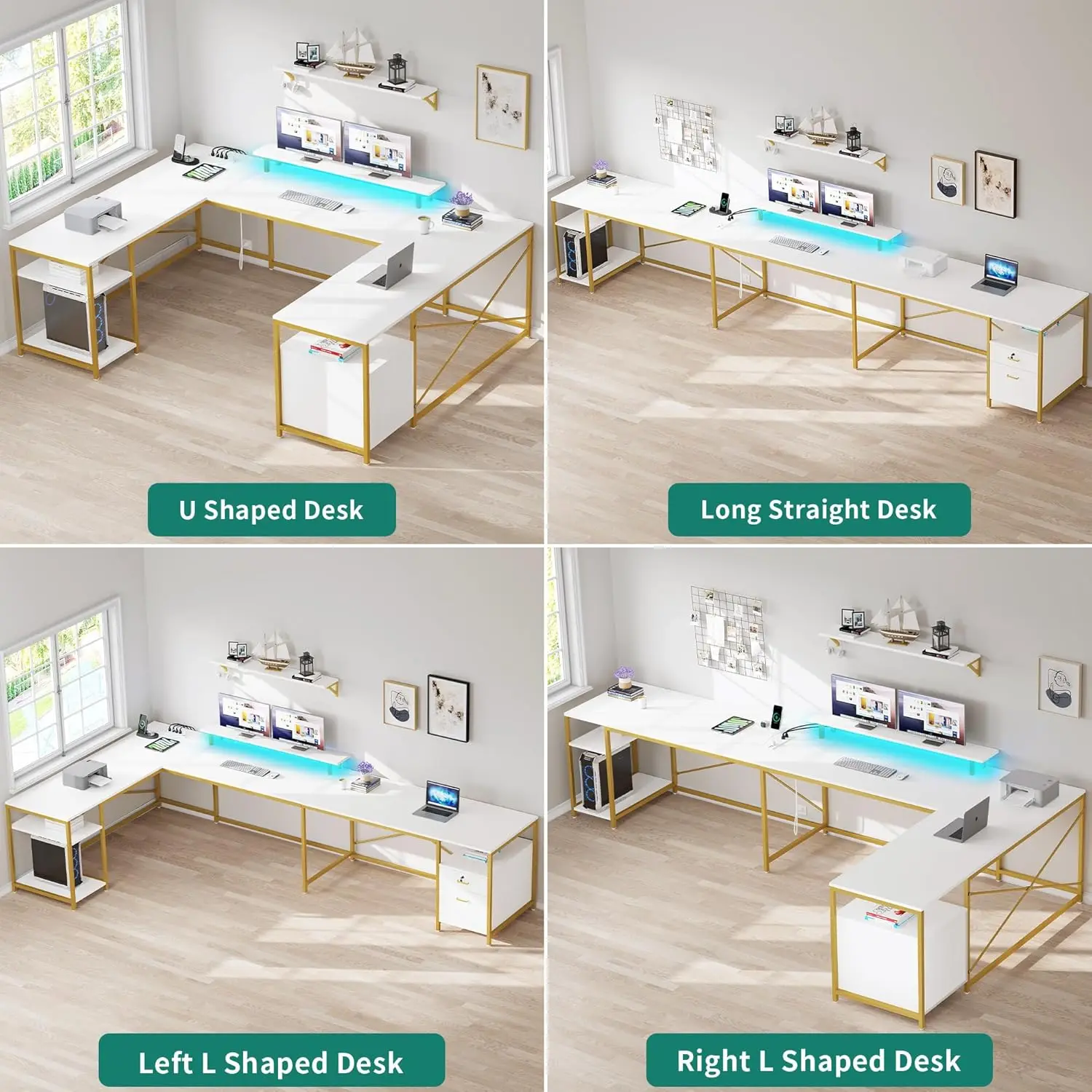 U Shaped Desk with Power Outlets & LED Lights, Reversible L Shaped Desk with Drawers, Desk with Monitor Stand & Storage Shelves