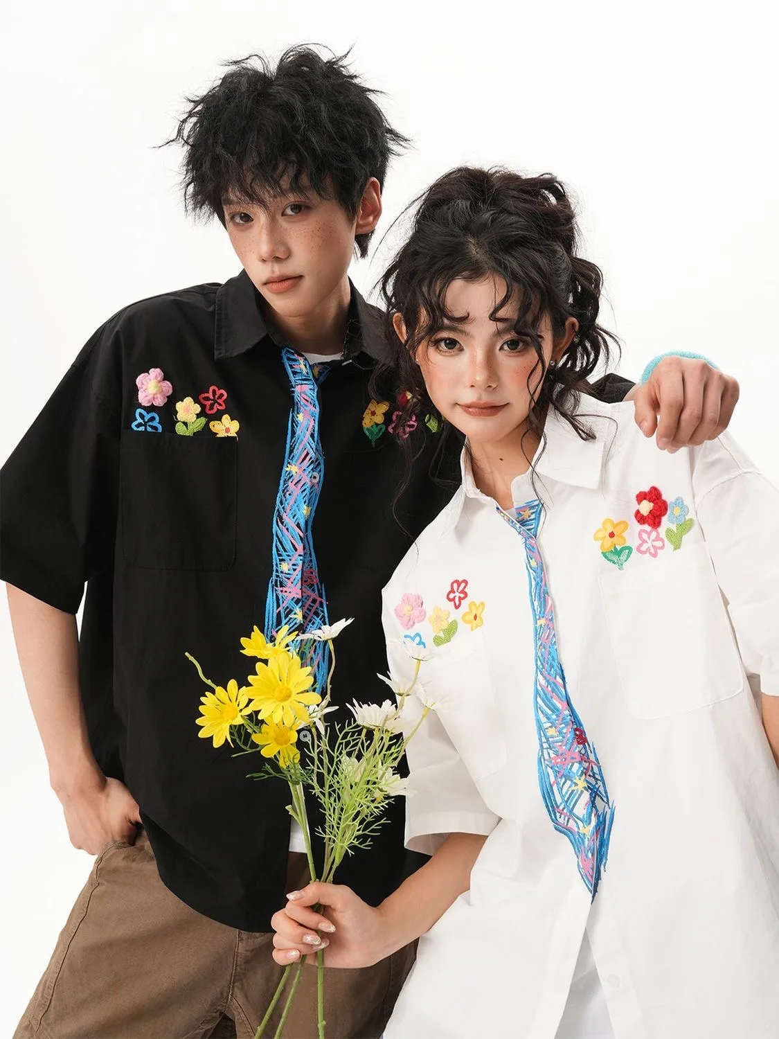 

Male Unisex ‌Graffiti‌ Print Summer CP Lover Shirts Tops Men Korea Japanese Blouse Tie Flower Trendy Fashion Party Club Tops