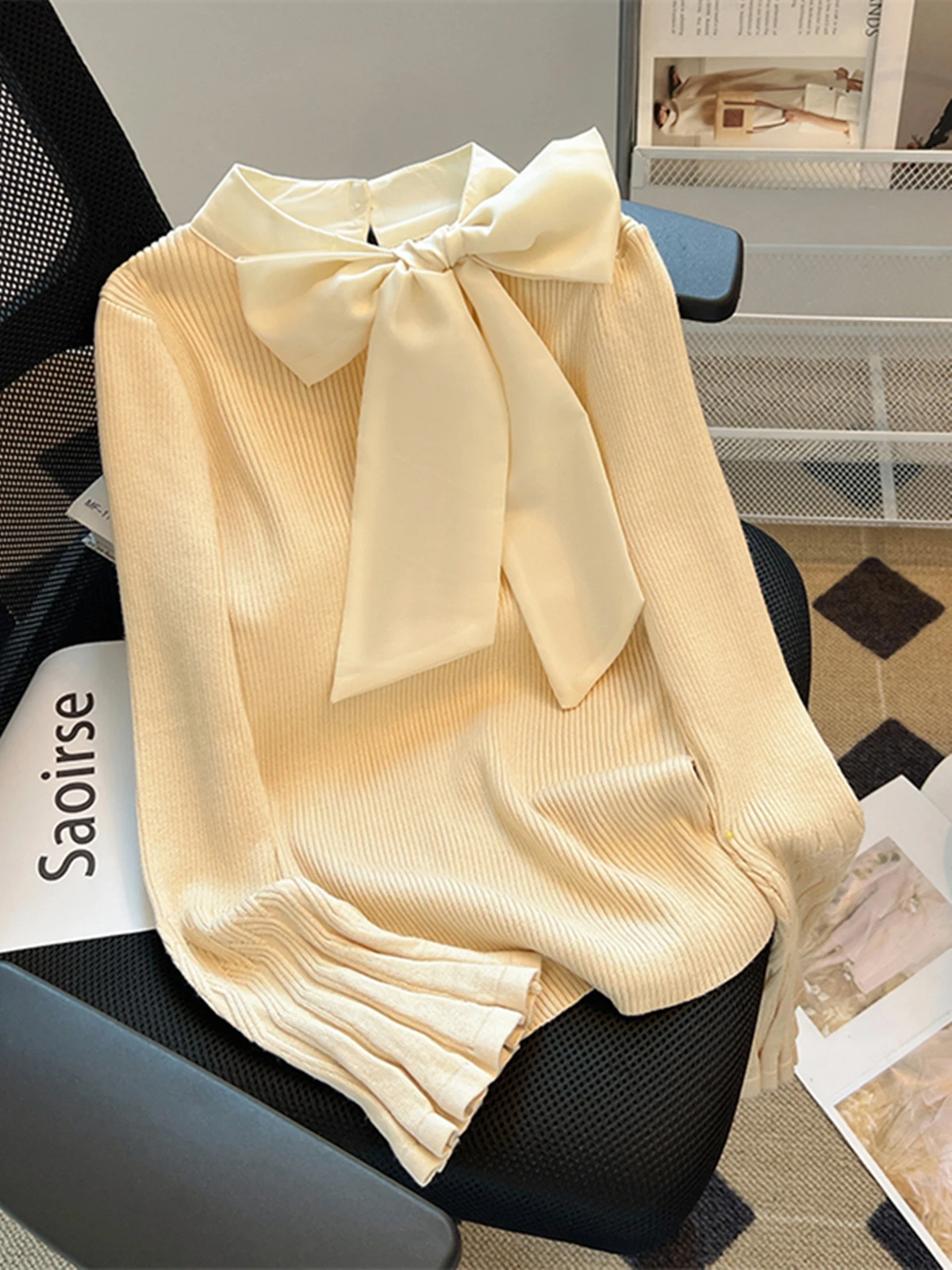 French Style Solid Sweater Women Spring Autumn Big Bow Bandage Flare Sleeve Pullovers Fashion Sweet All-matched Knitwear