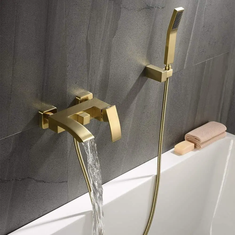 Brass Waterfall Wall-Mounted Bathroom Bathtub Faucet with Handheld Shower