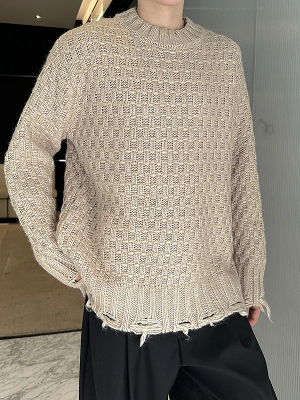 

Корейская цветная ажурная круглая мужская трикотажная одежда, свободная повседневная осенне-зимняя дизайнерская футболка Sense, как топ