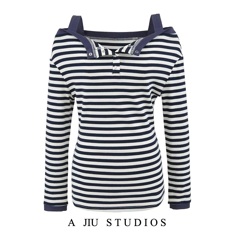 الحلو حار مخطط واحد بكتف واحد طويل Sve تي شيرت المرأة عادية تنوعا التخسيس كسول Sle Ciwalk مزيج القطن