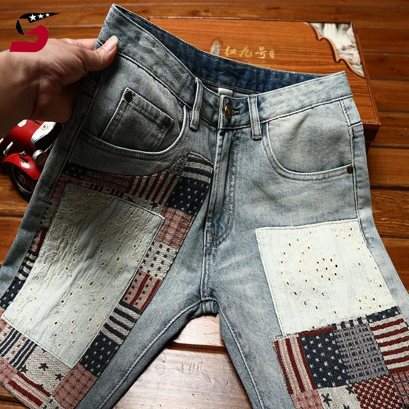 Summer Retro denim shorts men's patch slim stretch fashion Korean style trends personality street motorcycle shorts