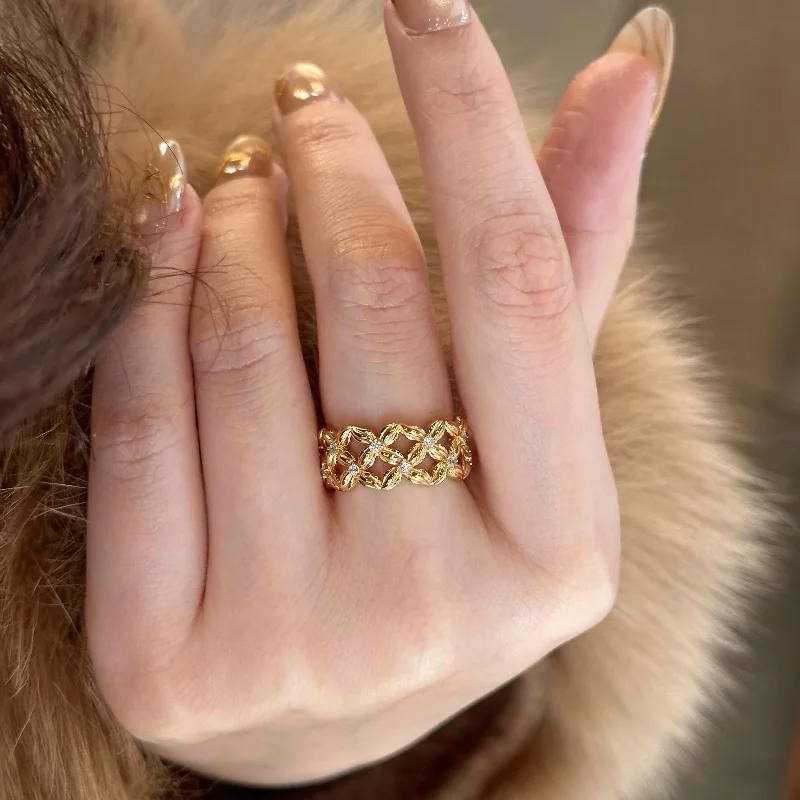 9999 gold vintage-style floral openwork ring with diamond accents, unique design, index finger ring