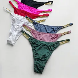 Comfortable High Fork Lingeries For Girls Simple Women Ice Silk Panties Metal Chain Diamond Briefs Korean Underwear Hollow Out