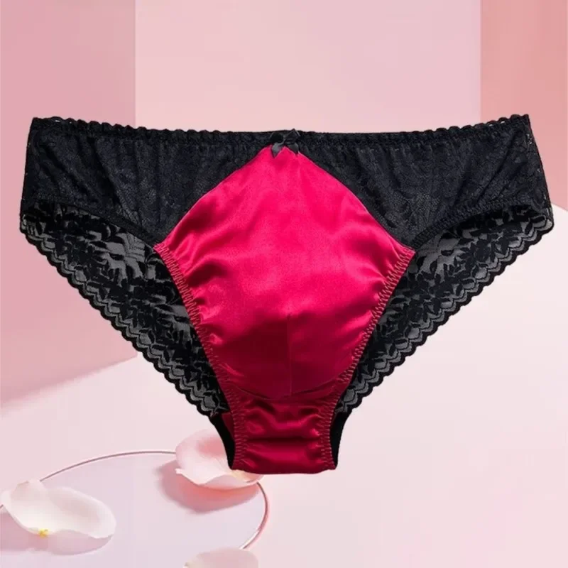 Sexy Men's Silk Lace Sheer Briefs Cross‑dressing Mid‑Waist Underwear U Convex Pouch Seamless Comfortable Male Underpants
