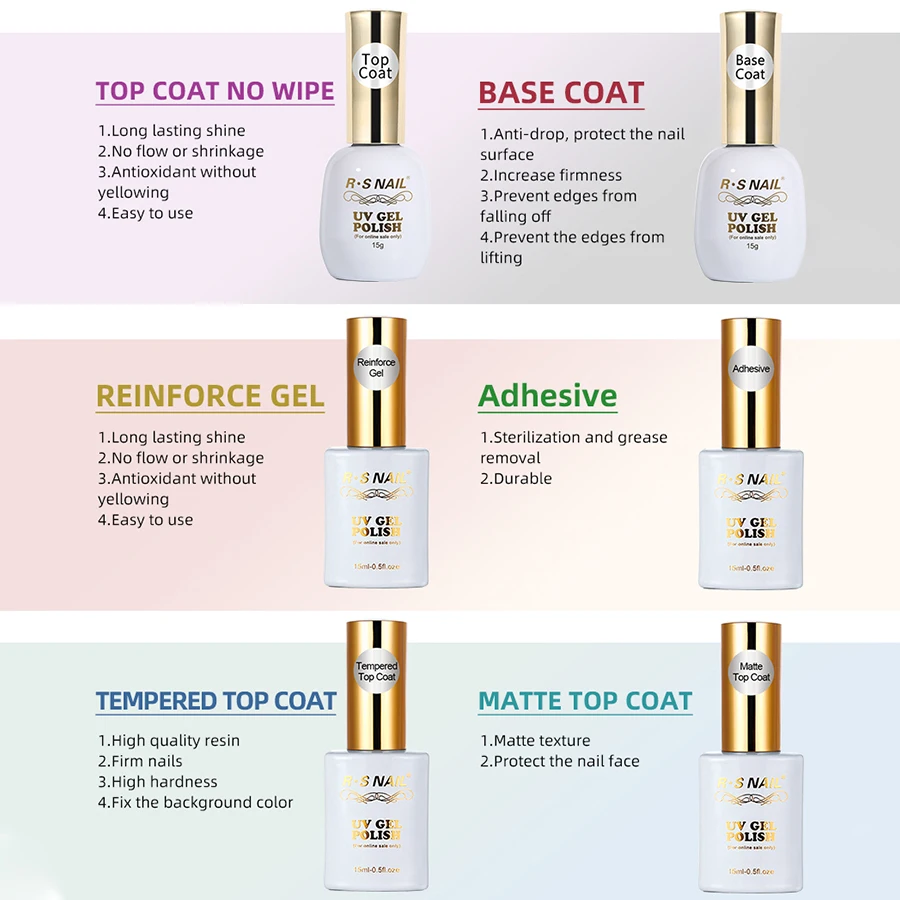 R.S NAIL 15ml No Wipe Gel Top Coat UV Base Coat Gel Polish Manicure Soak Off primer for nails UV LED Nail Art Transparent Gel