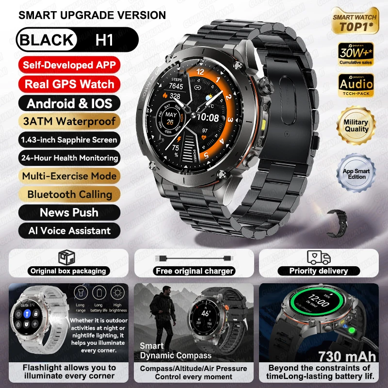 GUHUAVMI 2026 Neue GPS-Smartwatches, 10 ATM wasserdicht, integrierter Dualband-GNSS-Kompass, Militär, Sport, Herren, SWIM-Smartwatch für Android IOS 7