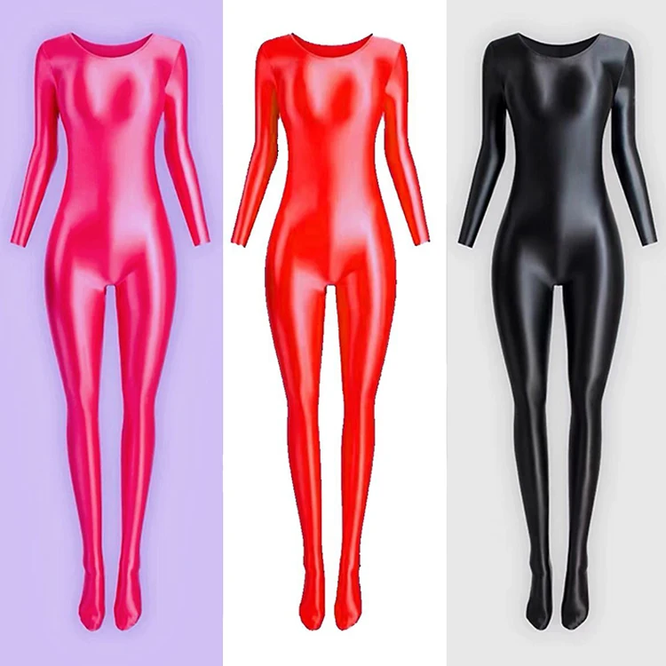 Oily Glossy Long Sleeve Elastic Women Jumpsuits Bodycon Rompers One-piece Swimsuit Silky Tights Satin Pantyhose Thong