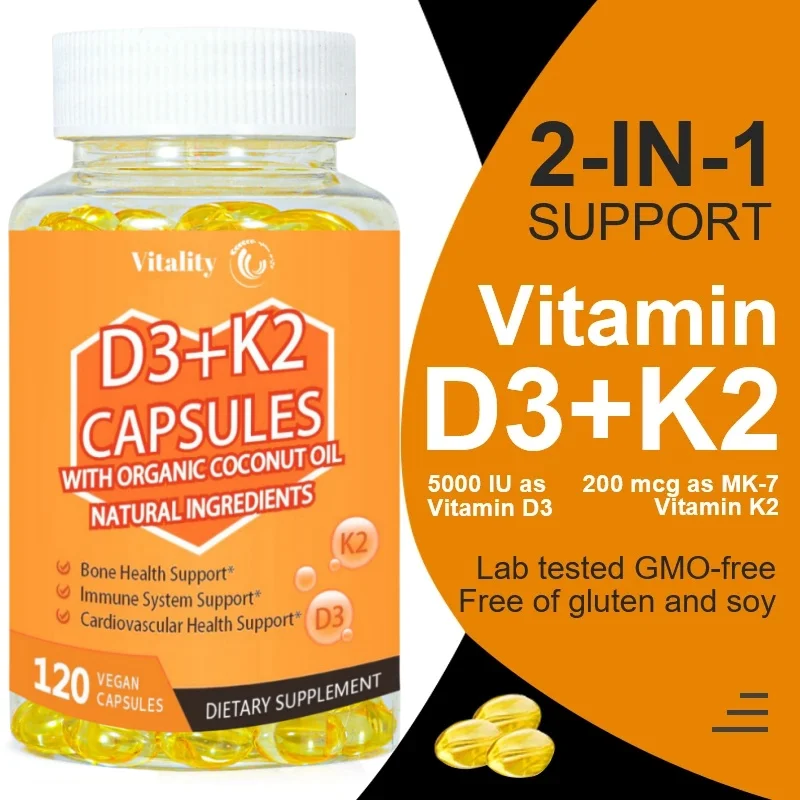 

Vitamin D3 5000 IU with Vitamin K2 - Vitamin D Supplement Supports Bone Formation, Cardiovascular Health and Immune Support