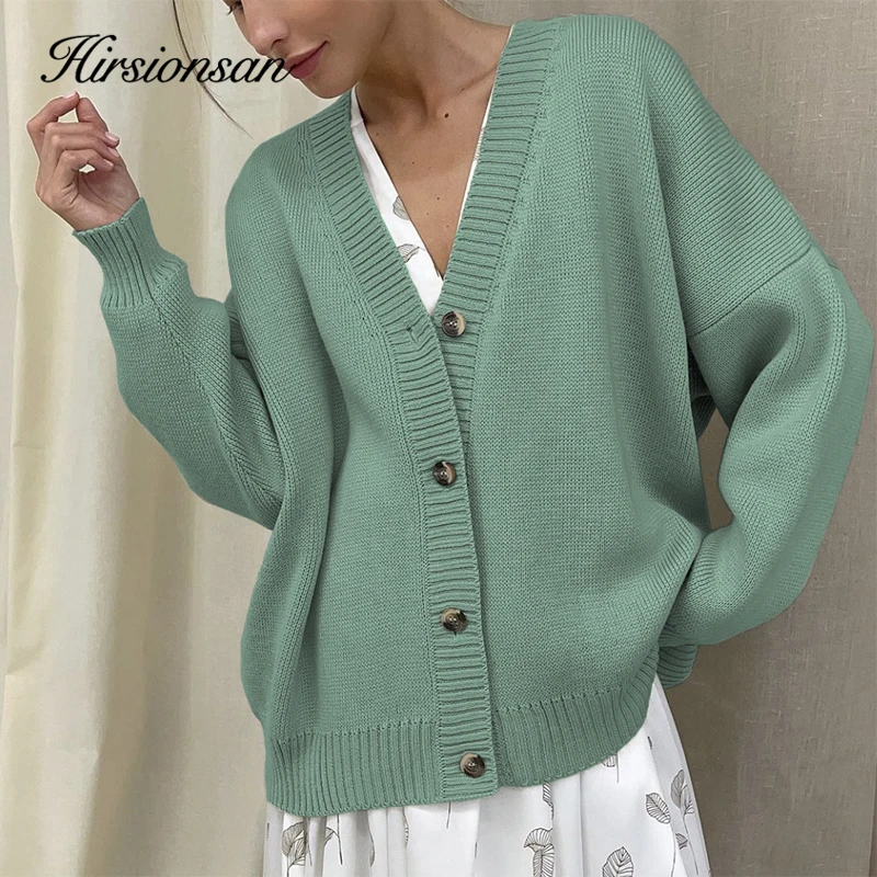 Hirsionsan Elegant Long Sleeve Sweater Women 2023 New Single-Breasted Female Solid Cardigan Soft Chic Flexible Knitted Outwear