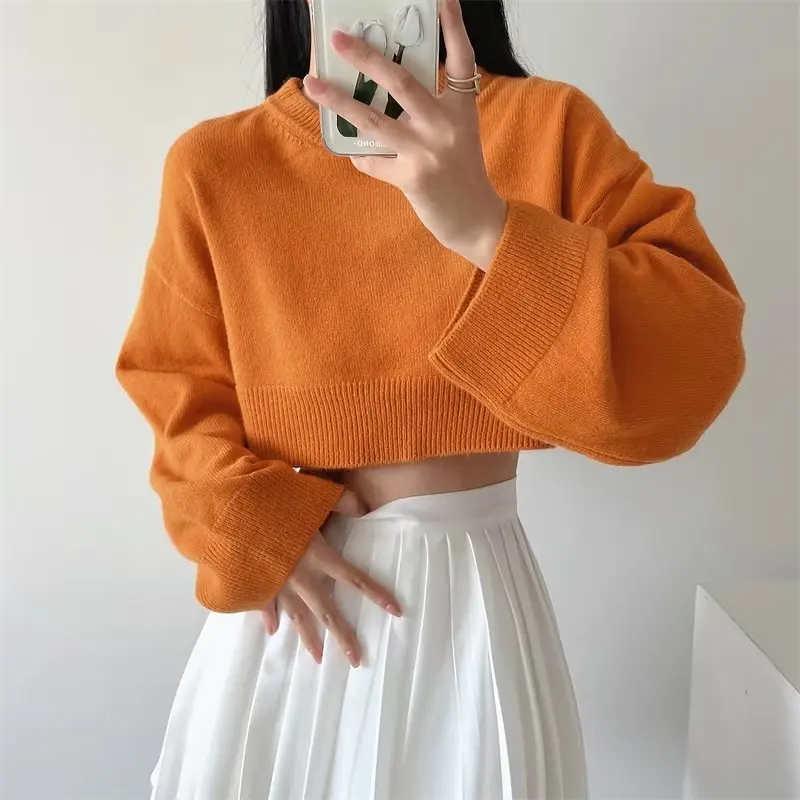 High-waisted Short Sweater for Women Korean Style Autumn Winter Solid Color Knitwear Loose Long-sleeved Tops Warm Clothing