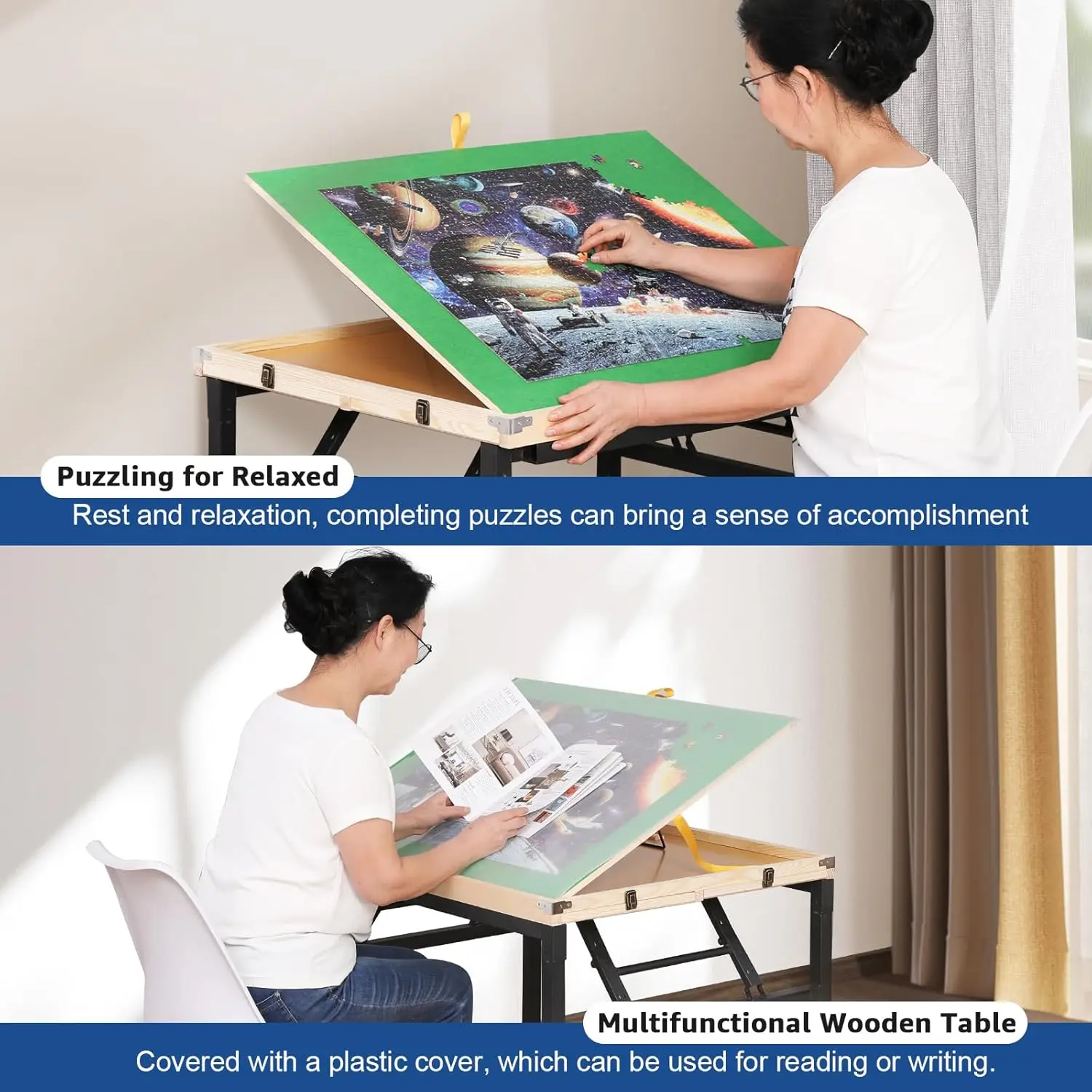 Mesa de quebra-cabeça ajustável de 3 ângulos de 1500 peças com gavetas, pernas e capa de metal dobráveis portáteis, sobre rodas para adultos