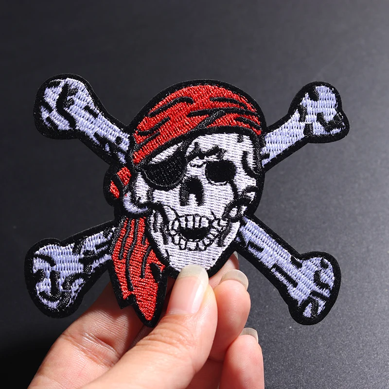 Pirate Skull (Size:9.4X7.1cm) Embroidered Patch for Clothing Iron on Sew Applique Cute Fabric Shoes Bags DIY Decoration